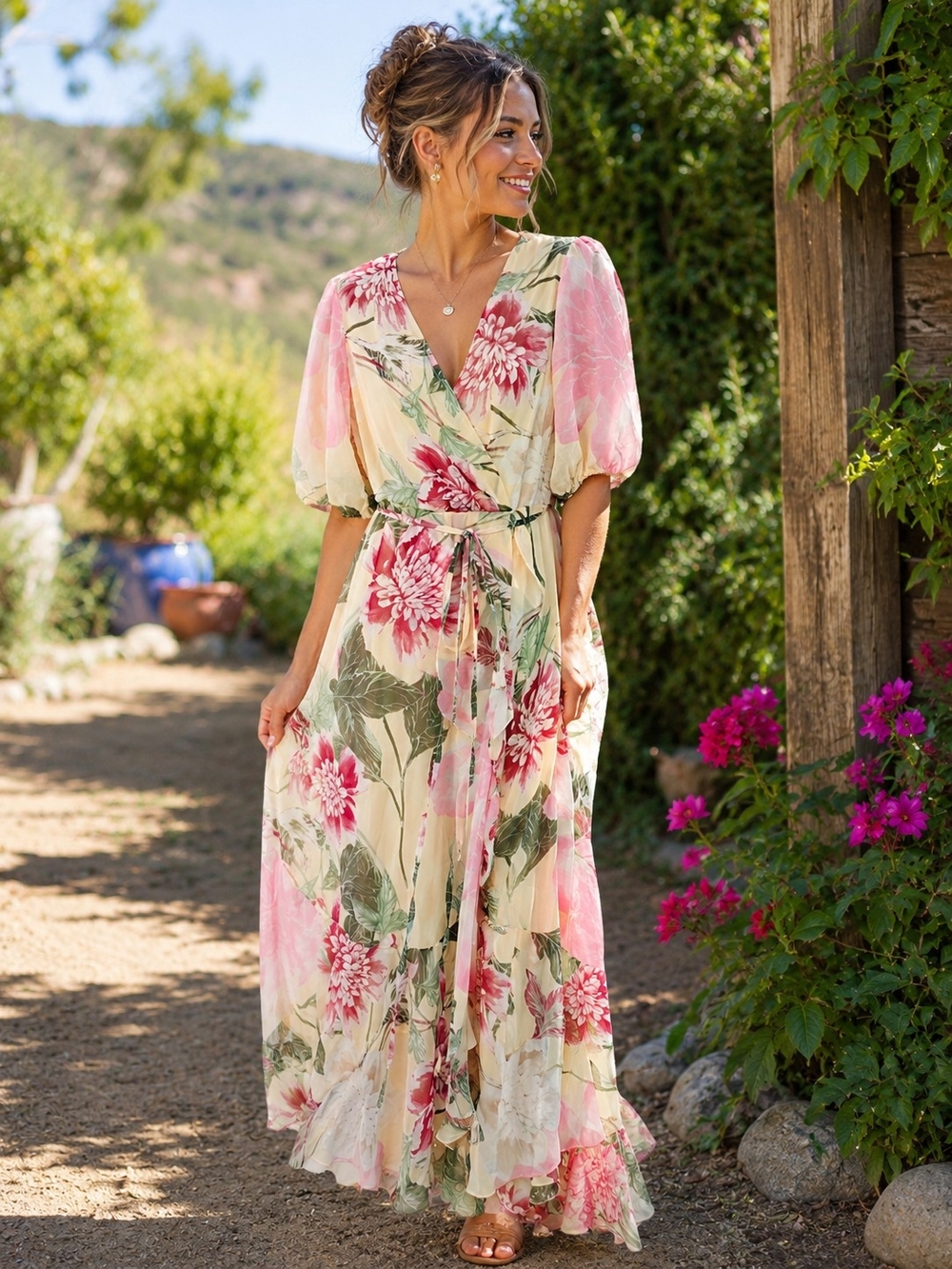 Danny & Nicole Floral Chiffon Faux Wrap Maxi Dress Pink Puff Sleeve Size S